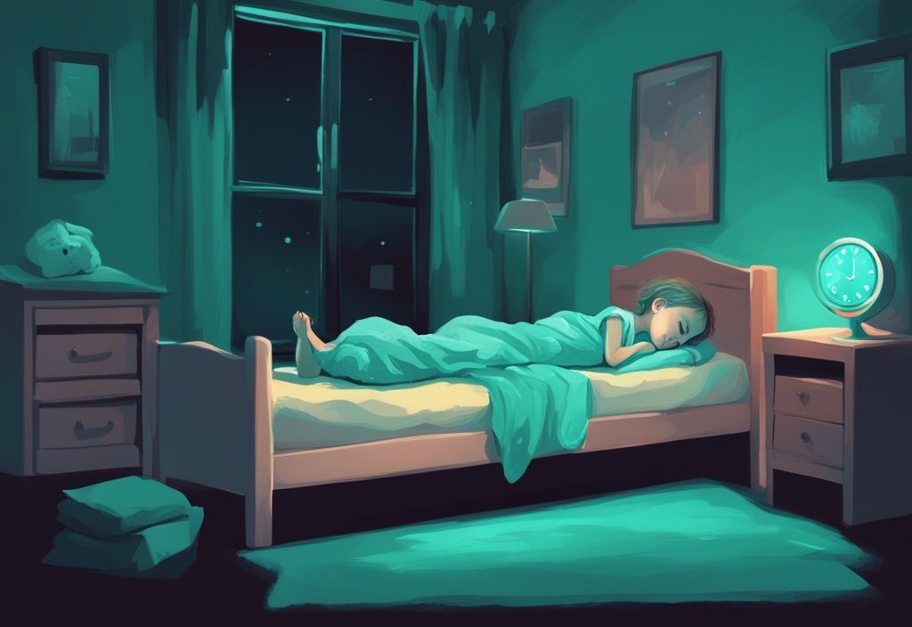 Moderne digitale Illustration eines unruhigen Babys in einem dunklen, beruhigenden Schlafzimmer mit Hauptfarbthema Teal und einer digitalen Uhr im Hintergrund, die eine späte Nachtstunde anzeigt.