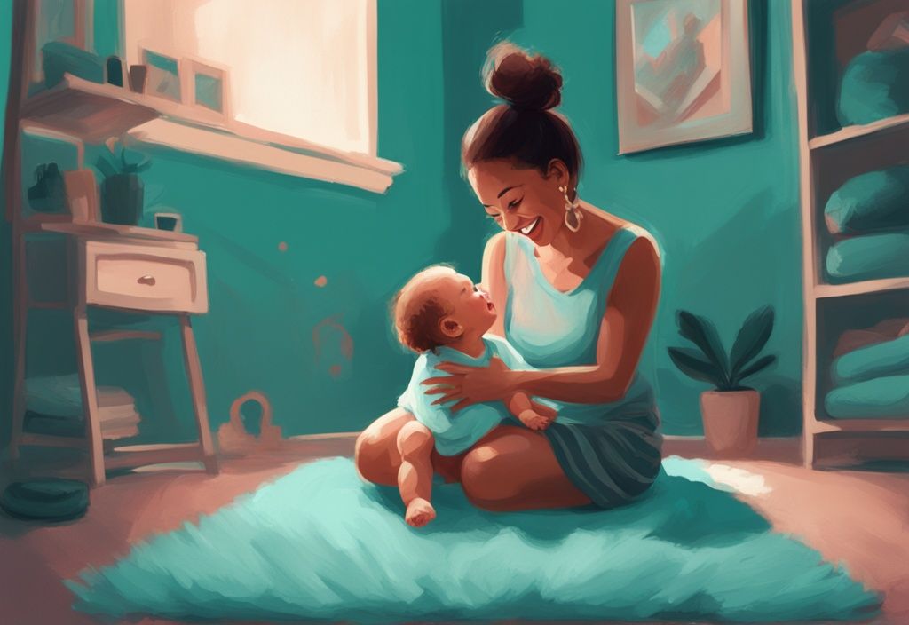 Fröhliches Baby auf einem flauschigen Teppich, das zum ersten Mal "Mama" sagt und zu seiner lächelnden Mutter aufschaut, digitale Illustration in modernen Teal-Farben.