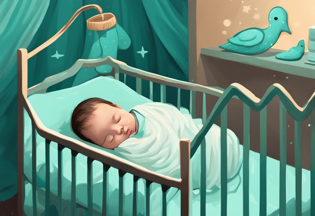 Moderne digitale Malerei mit Hauptfarbthema Teal: Ein Baby schläft friedlich diagonal in einem geräumigen Kinderbett mit weicher Bettwäsche und ein paar Plüschspielzeugen.