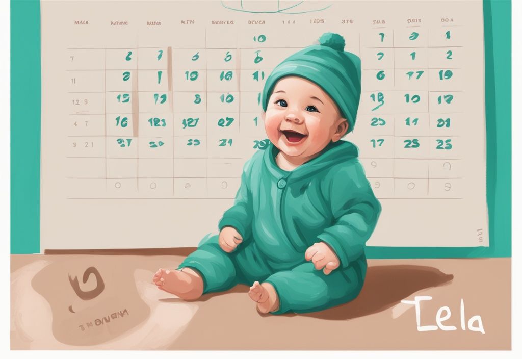 Moderne digitale Malerei eines lächelnden gesunden Babys neben einem Kalender, der den Übergang von einer bestimmten Datumsmarkierung zur Klassifizierung als nicht mehr frühgeboren zeigt, Hauptfarbthema ist Türkis.