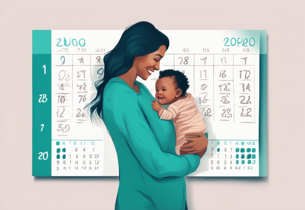 Moderne digitale Illustration einer glücklichen jungen Mutter, die einen Kalender mit markierten Baby-Wachstumsmeilensteinen hält, Hauptfarbthema ist Türkis.