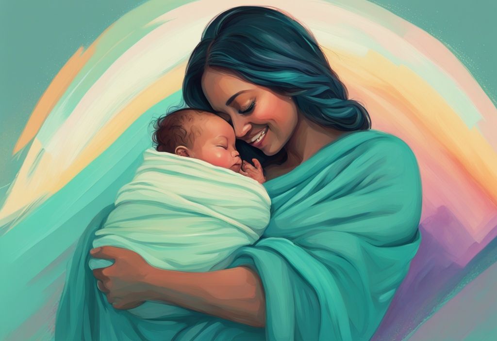 Mutter kuschelt mit Neugeborenem in pastellfarbenem Regenbogen-Decke, was ist ein Rainbow Baby