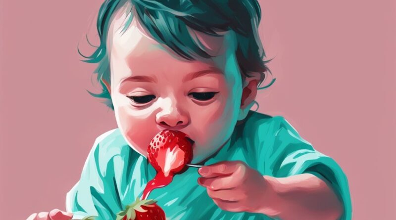 Neugieriges Baby probiert pürierte Erdbeere von einem Löffel – dürfen Babys Erdbeeren essen?