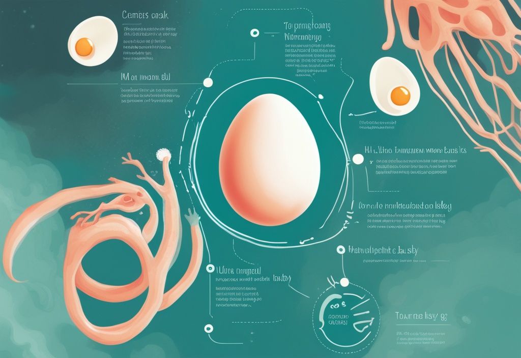 Moderne digitale Illustration des menschlichen Fortpflanzungsprozesses in Teal, zeigt den Weg von Spermien zur Eizelle und der Bildung eines Babys im Mutterleib, wie entsteht ein Baby.