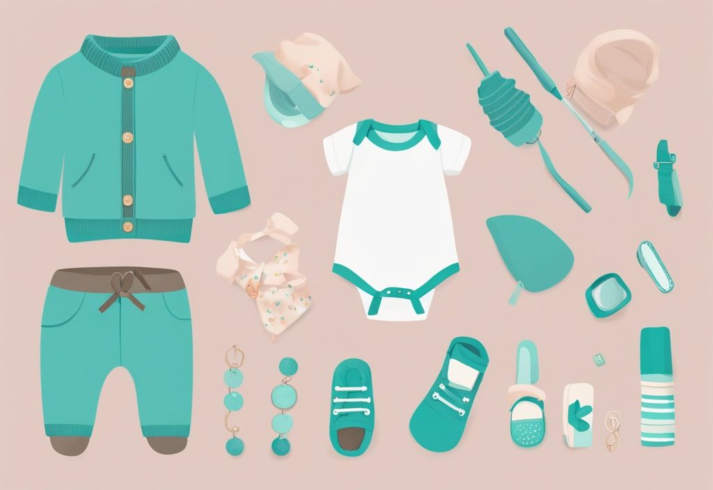 Moderne digitale Malerei mit Babybekleidung und Accessoires in Teal auf pastellfarbenem Hintergrund, verschiedene Outfit-Optionen für Babys darstellend.