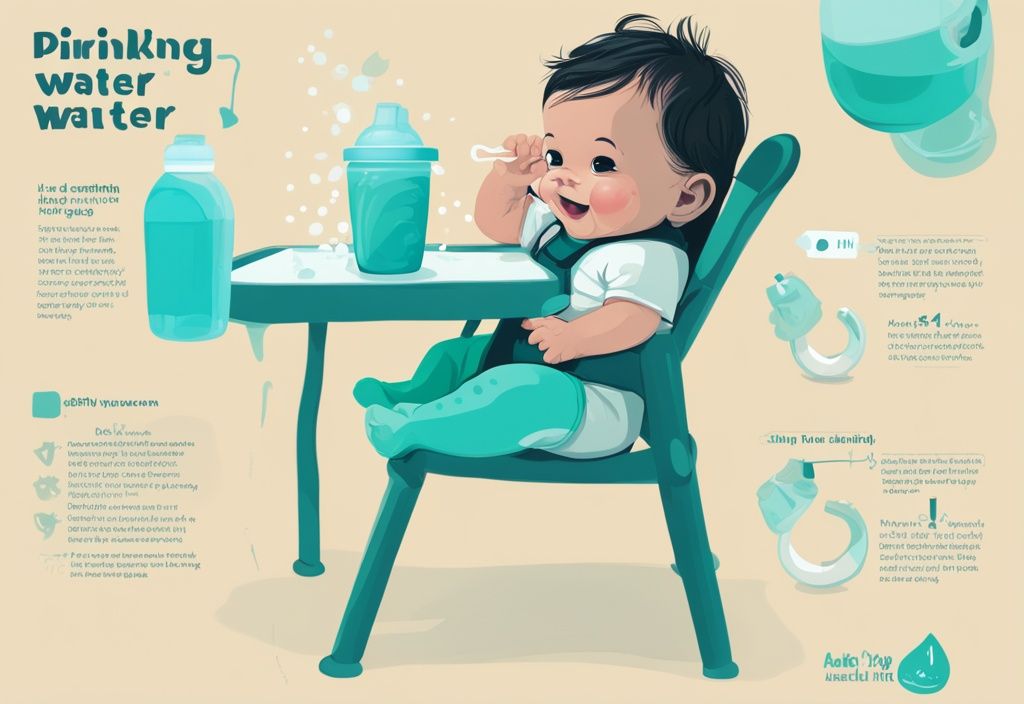 Moderne digitale Illustration eines glücklichen Babys in einem Hochstuhl, das Wasser aus einer Schnabeltasse trinkt, mit einem Infografik zur geeigneten Alters- und Fortschrittsstufen zum Wassertrinken für Babys.