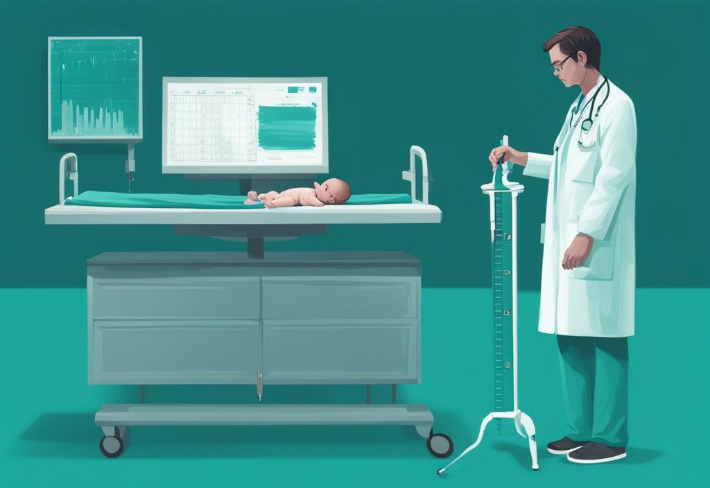 Arzt zeigt mit Messgerät und Vergleichsdiagramm, ab wann ist ein Baby zu groß für normale Geburt, digitale Illustration in Teal.