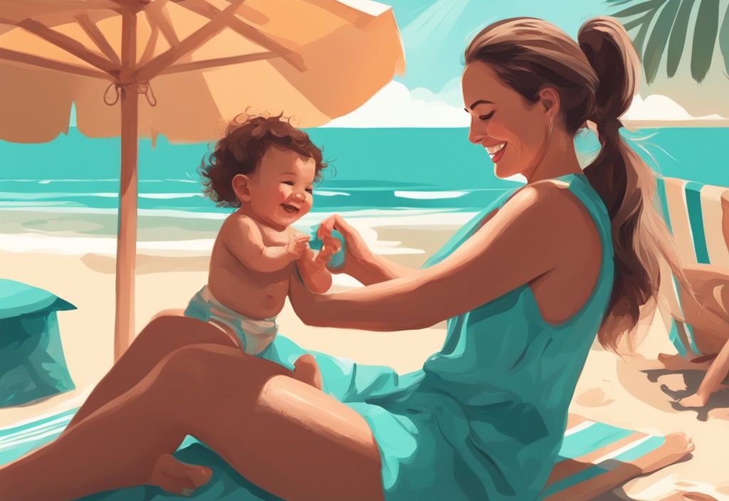 Mutter trägt Sonnencreme auf lächelndes Baby am sonnigen Strand auf, modernes digitales Gemälde in Teal-Tönen