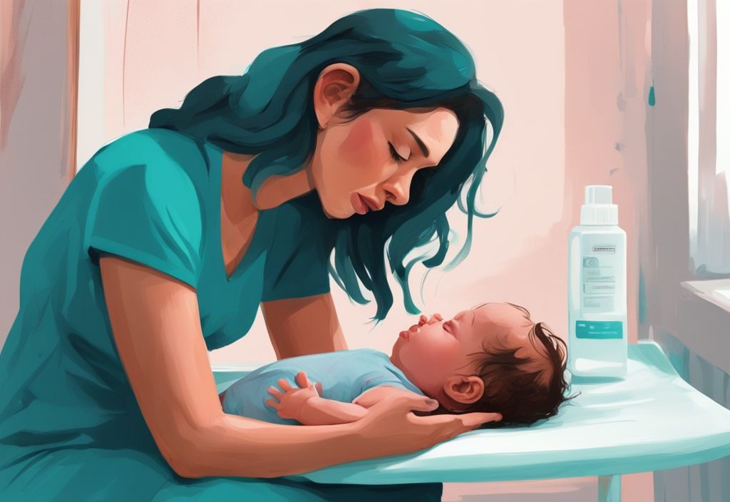 Moderne digitale Illustration in Teal-Tönen: Eine besorgte Mutter verabreicht ihrem fieberhaften Baby ein Zäpfchen auf einem bequemen Wickeltisch - Baby Fieber ab wann Zäpfchen.