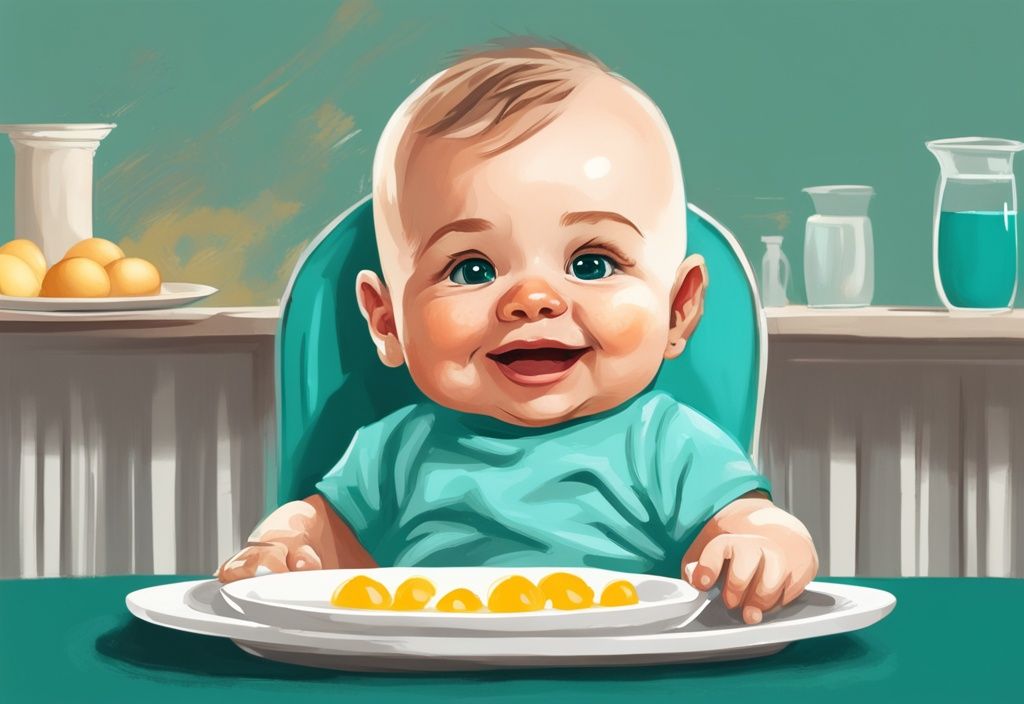 Fröhliches Baby auf Hochstuhl mit Teller Rühreiern und Infografik zur Einführung von Eiern in die Babynahrung, moderne digitale Illustration in Teal-Farben.