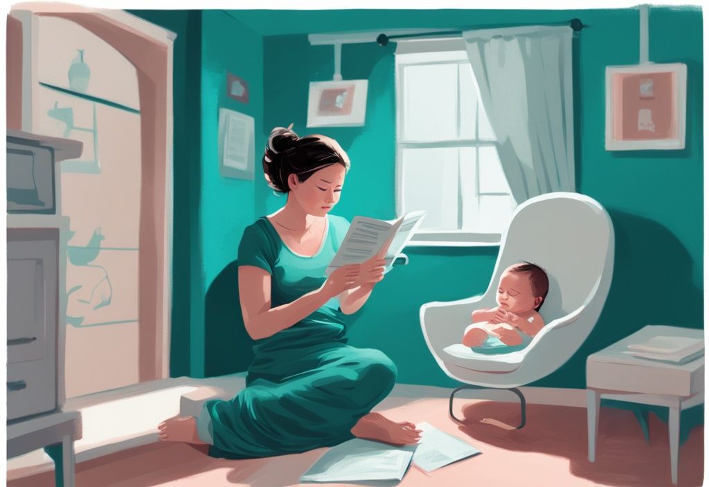 Junge besorgte Mutter liest eine Broschüre mit dem Titel 'Baby Verstopfung: Was tun' neben ihrem friedlich schlafenden Säugling, digitale Illustration in Teal.