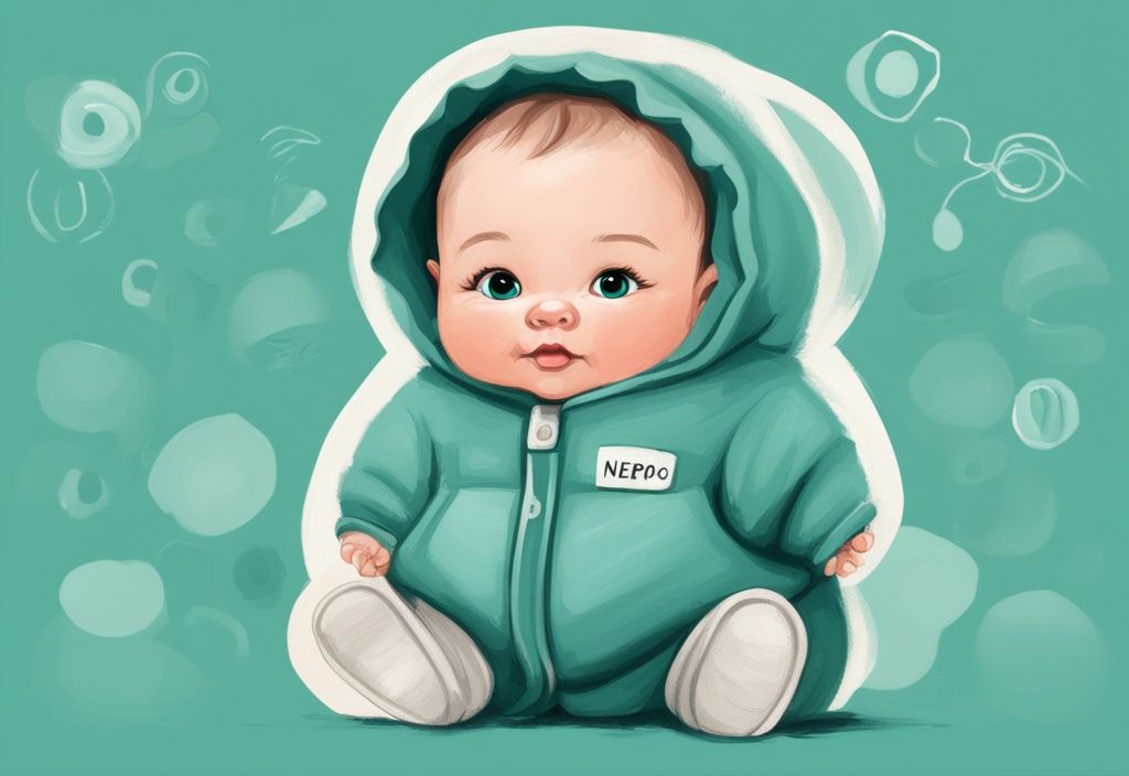 Niedliches, molliges Baby in stilvoller Babykleidung mit der Aufschrift "Nepo Baby", moderne digitale Malerei in Teal-Tönen