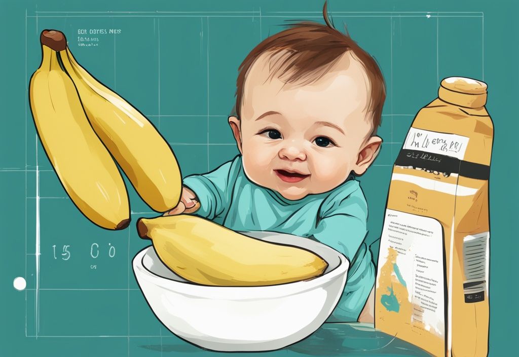 Moderne digitale Malerei eines glücklichen Babys, das pürierte Banane isst, mit einer Zeitleiste im Hintergrund, die das richtige Alter für die Einführung von Bananen in die Babynahrung zeigt.