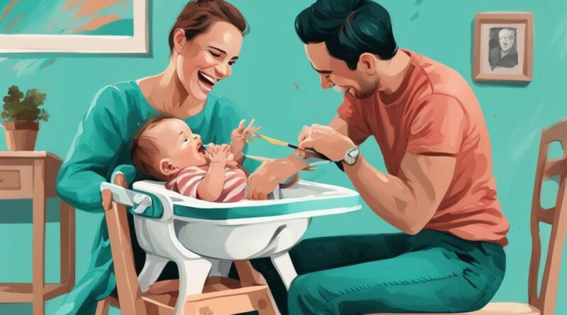 Ab wann Baby in Hochstuhl: Glückliches Baby im Hochstuhl, Eltern zeigen Sicherheitsfunktionen, modernes digitales Gemälde in Teal.