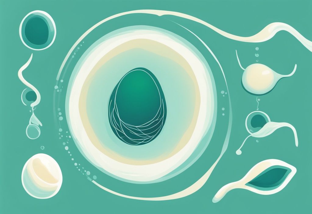 Moderne digitale Illustration des menschlichen Fortpflanzungsprozesses in Teal-Farbtönen: Spermien auf dem Weg zur Eizelle, Befruchtung und Embryoentwicklung im Mutterleib.