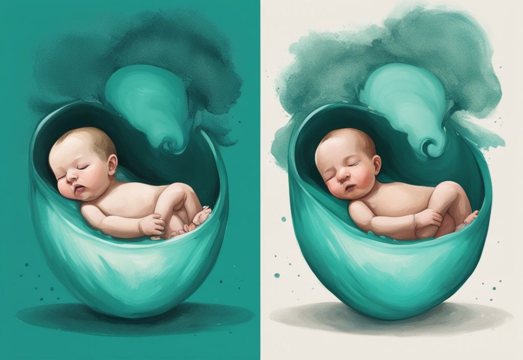 Moderne digitale Illustration eines normalen und eines übergroßen Neugeborenen neben einem Standard-Geburtskanal, um das Konzept eines zu großen Babys für eine normale Geburt zu veranschaulichen, Hauptfarbe: Teal