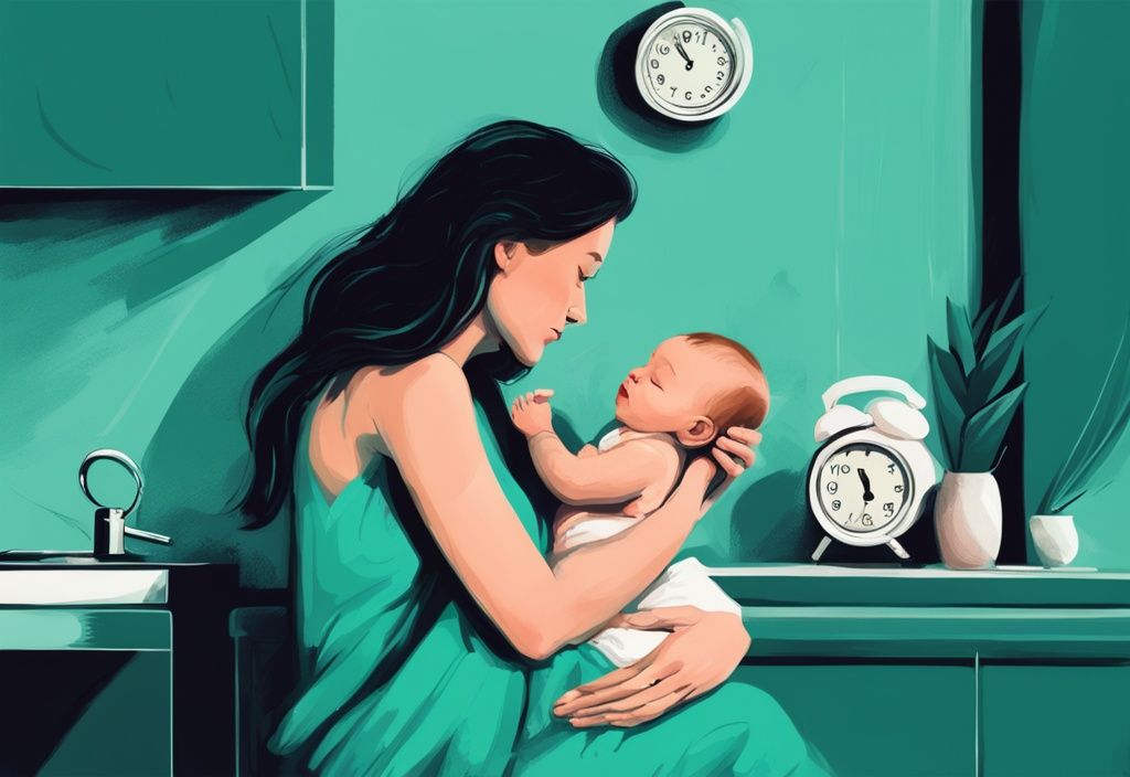 Moderne digitale Malerei einer Mutter, die ihr einmonatiges Baby stillt, während sie auf eine Uhr im Hintergrund schaut, um den regelmäßigen Fütterungsplan zu überprüfen, wie oft stillt man ein 1 Monate altes Baby.