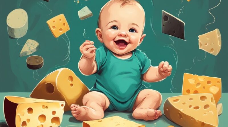 Modernes digitales Gemälde eines Babys, das freudig mit verschiedenen gereiften Käsesorten spielt, vor dem Hintergrund einer illustrierten Zeitleiste - Käse Baby ab wann.