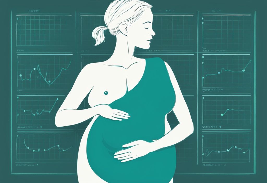 Moderne digitale Malerei einer schwangeren Frau, die ihren Bauch streichelt, mit einer Tafel im Hintergrund, die ein Babybewegungs-Tracking-Diagramm zeigt, um die Häufigkeit der Bewegungen des Babys im Bauch darzustellen, Hauptfarbe Teal.