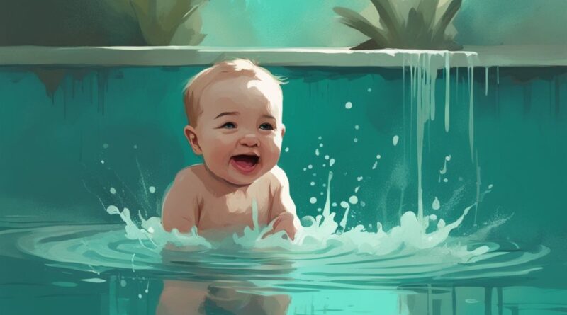 Modernes digitales Gemälde: Baby planscht freudig in einem flachen Pool unter den wachsamen Augen der Eltern, ab wann dürfen Babys schwimmen.