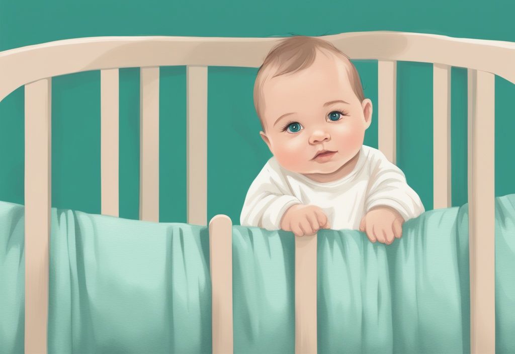 Moderne digitale Malerei einer weichen Babydecke in Teal, perfekt über ein gemütliches Kinderbett in einem pastellfarbenen Kinderzimmer drapiert.