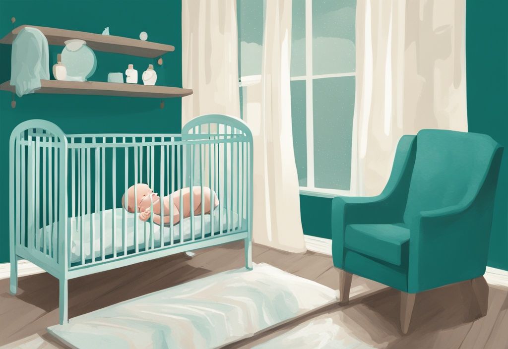 Moderne digitale Malerei Illustration eines ruhigen Kinderzimmers mit einem schlafenden Baby ohne Kissen in einem gemütlichen Kinderbett, brauchen Babys ein Kissen.