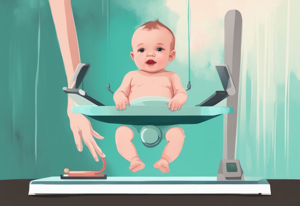 Moderne digitale Malerei mit einem neugeborenen Baby auf einer Waage, Gewicht auf der Anzeige sichtbar, Hauptfarbthema ist Türkis