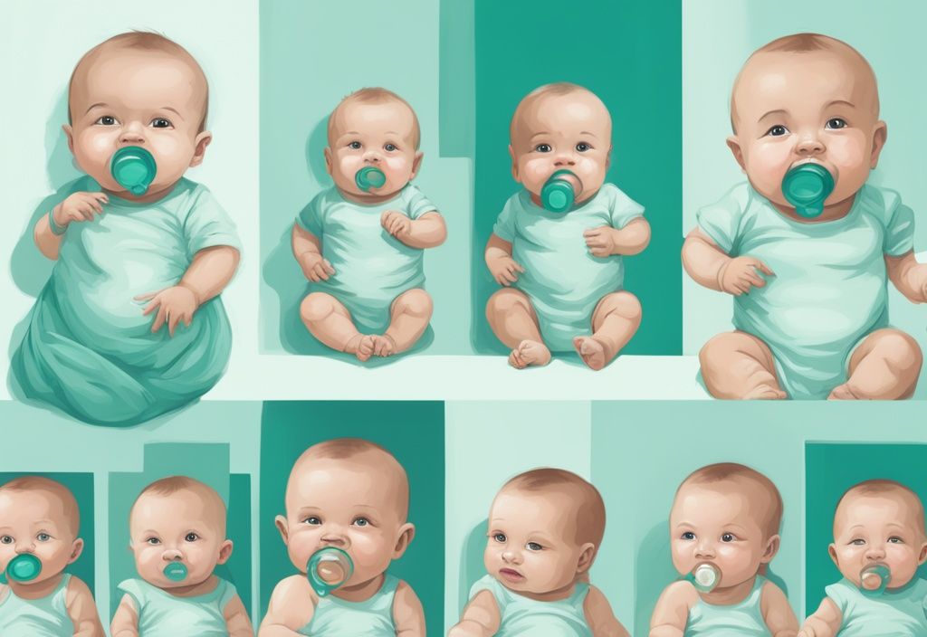 Moderne digitale Illustration eines Zeitstrahls der Wachstumsphasen eines Babys mit passenden Schnullern, von Neugeborenem bis Kleinkind, in der Hauptfarbe Türkis.