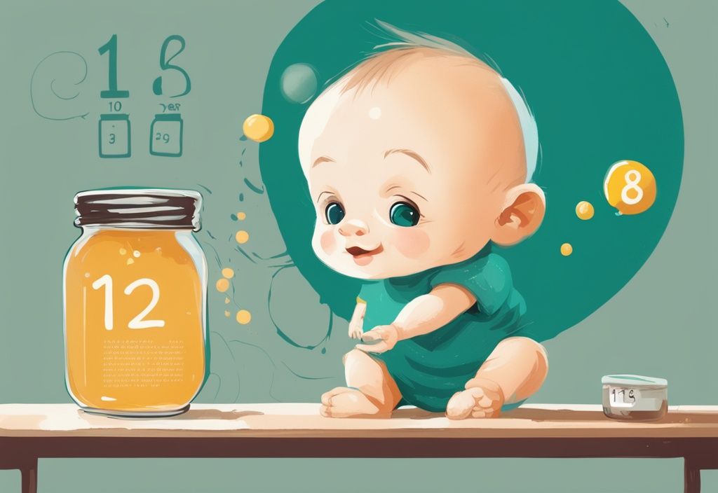 Neugieriges Baby greift nach Honigglas, Infografik zeigt Kalender mit Alter "1 Jahr", digitale Illustration in Teal.