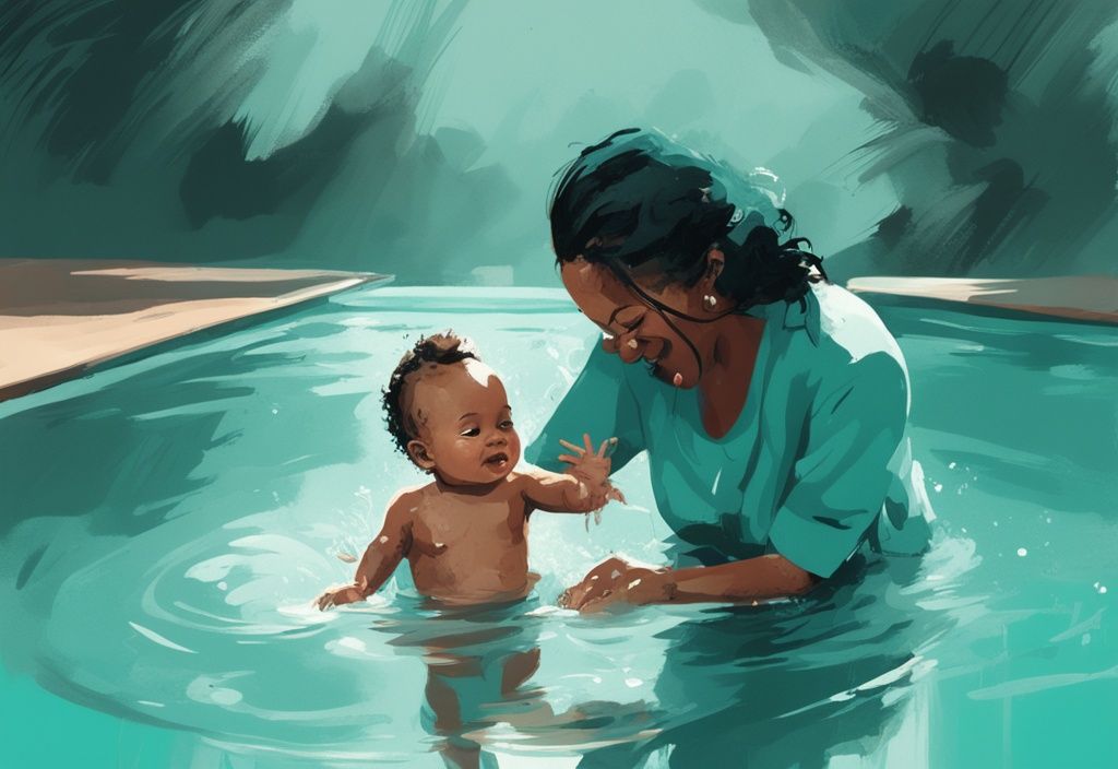 Modernes digitales Gemälde einer fröhlich planschenden Baby in einem flachen Pool unter den wachsamen Augen der Eltern, ab wann dürfen Babys schwimmen.