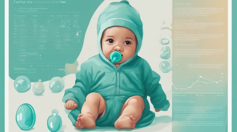 Moderne digitale Illustration mit Zeitachse, die verschiedene Entwicklungsstufen eines Babys zeigt und das passende Alter für die Einführung eines Schnullers beschreibt. Hauptfarbe: Teal. Keyword: ab wann Schnuller fürs Baby.