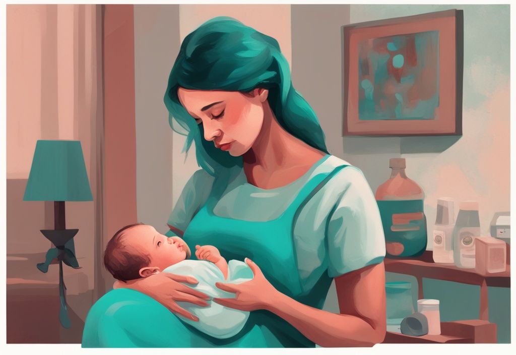 Moderne digitale Malerei einer besorgten Mutter, die ihr Baby hält, mit einem Thermometer und anderen Babyartikeln im Hintergrund, Hauptfarbe Teal