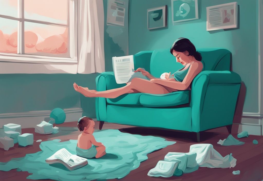 Moderner digitaler Gemäldeillustration: Besorgter Elternteil liest ein Buch mit dem Titel "Was tun, wenn Ihr Baby Durchfall hat", während ein Baby im Hintergrund spielt, umgeben von verstreuten Windeln, Hauptfarbthema ist Türkis.