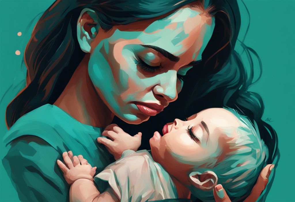 Moderne digitale Illustration in Türkis: Frau tröstet weinendes Kind und hält eine Reborn-Baby-Puppe, wofür sind Reborn Babys gut?