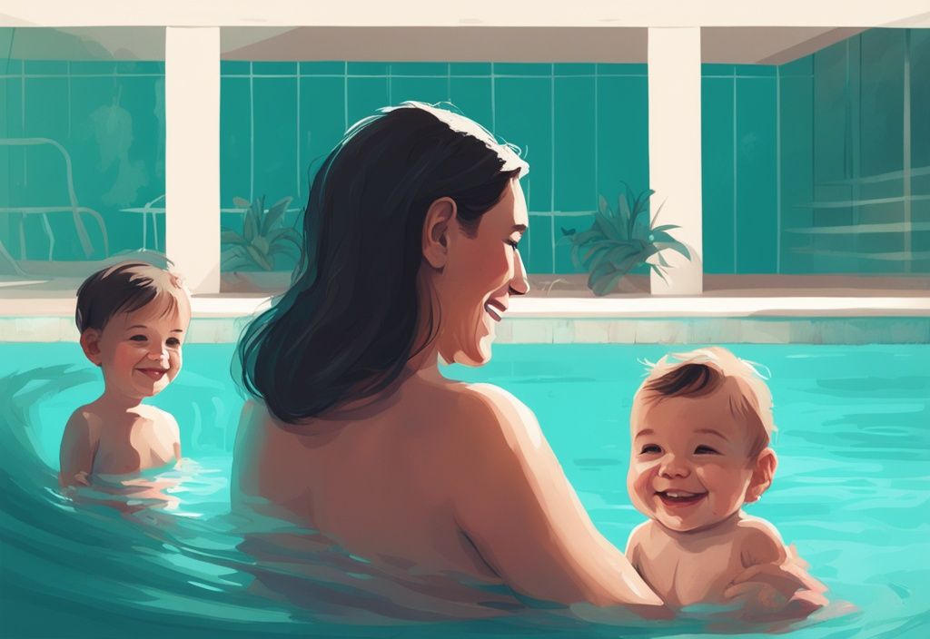 Moderne digitale Malerei einer lächelnden Mutter, die ihr Baby unter Anleitung eines professionellen Schwimmlehrers behutsam an ein kleines, sicheres Schwimmbecken heranführt, Hauptfarbthema ist Türkis.