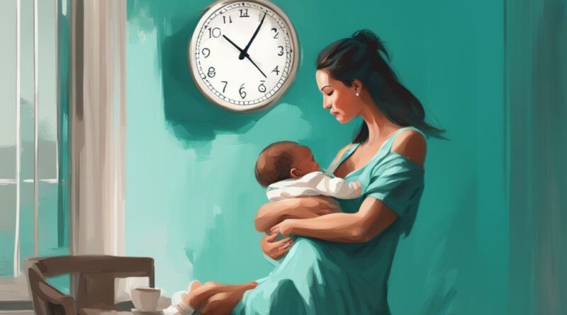 Moderne digitale Illustration: Mutter stillt bequem ihr 3 Monate altes Baby und schaut auf eine sichtbare Wanduhr, die die Stillintervalle anzeigt - wie oft ein 3 Monate altes Baby stillen.