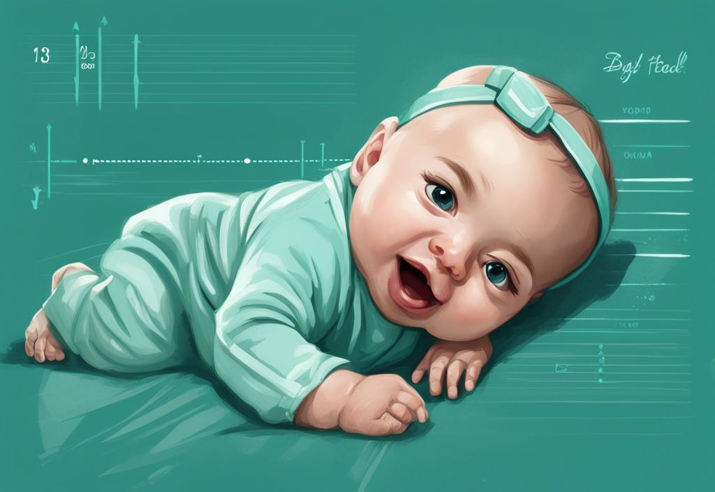 Modernes digitales Gemälde eines Babys, das auf dem Bauch liegt und den Kopf hebt, mit einem Zeitstrahl im Hintergrund, der Meilensteine zeigt; ab wann kann ein Baby den Kopf halten