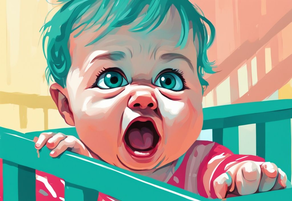 Moderner digitaler Gemäldeillustration: Baby wacht auf und schreit wie am Spieß in einem farbenfrohen Kinderbett.