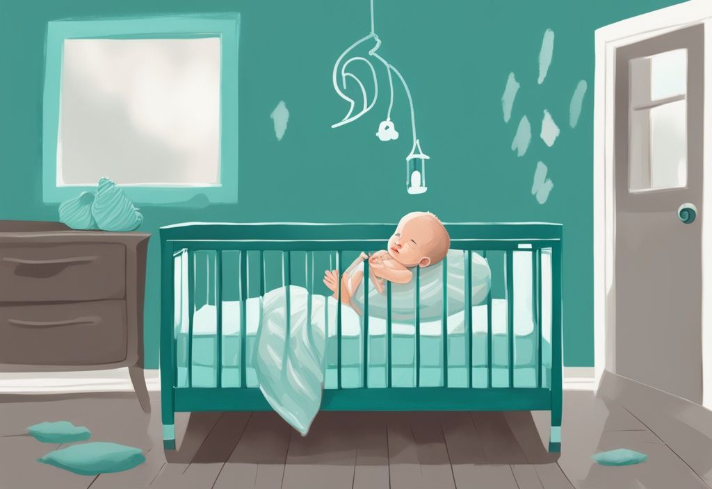 Digitales Gemälde eines friedlich schlafenden Babys in einem Kinderbett ohne Kissen mit einem schwebenden Fragezeichen, Hauptfarbe Türkis.