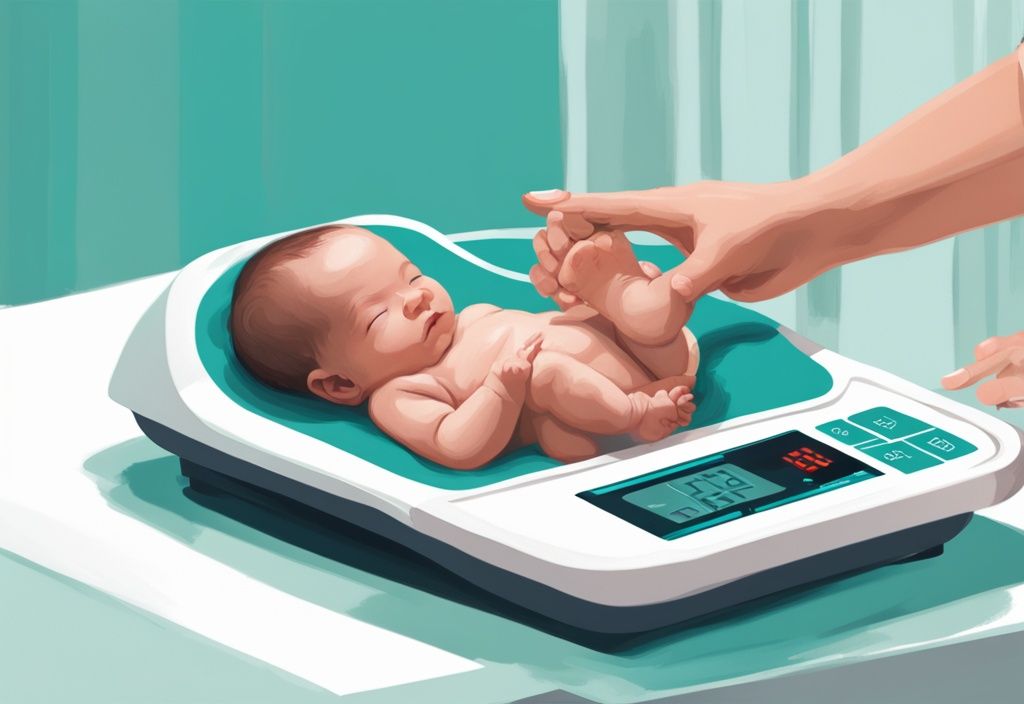 Neugeborenes Baby auf einer kalibrierten Waage mit digitalem Display, das von den Händen eines Gesundheitsprofis gehalten wird, wie viel wiegt ein Baby bei der Geburt.