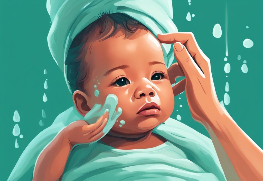 Moderne digitale Illustration eines Elternteils, das sanft das Gesicht eines Babys mit Akne wäscht, Hauptfarbthema ist Türkis.