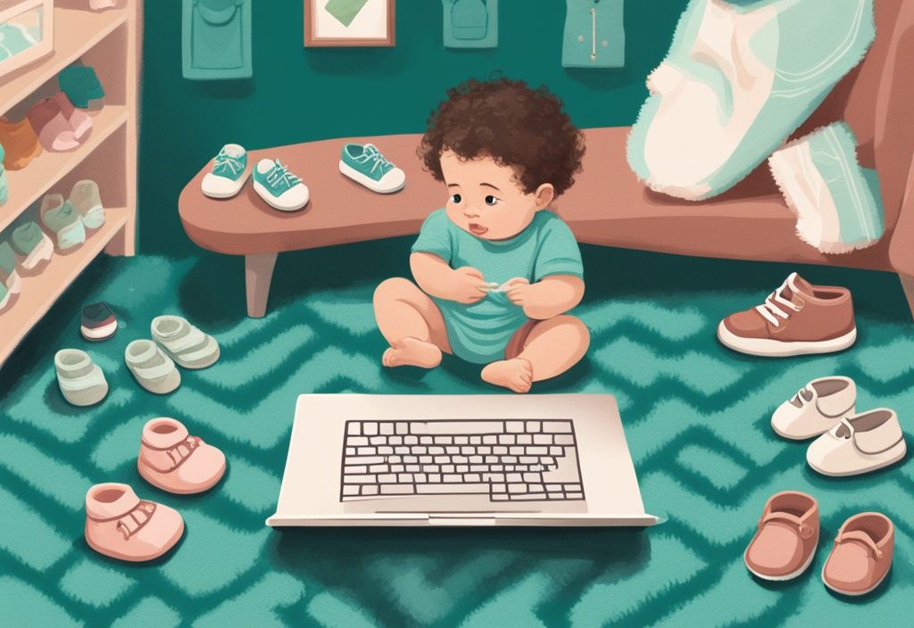 Moderne digitale Malerei mit einem Baby auf einem weichen Teppich, umgeben von verschiedenen Babyschuhen, während ein neugieriger Elternteil auf einem Laptop recherchiert, "ab wann Babys Schuhe tragen sollten".