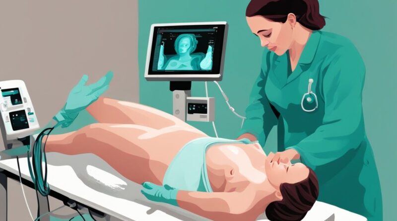 Moderne digitale Illustration einer Ultraschalltechnikerin, die eine Ultraschalluntersuchung bei einer schwangeren Frau durchführt, mit einem Monitor, der ein deutliches Bild eines Fötus zeigt; wann ist das Geschlecht beim Baby zu erkennen.