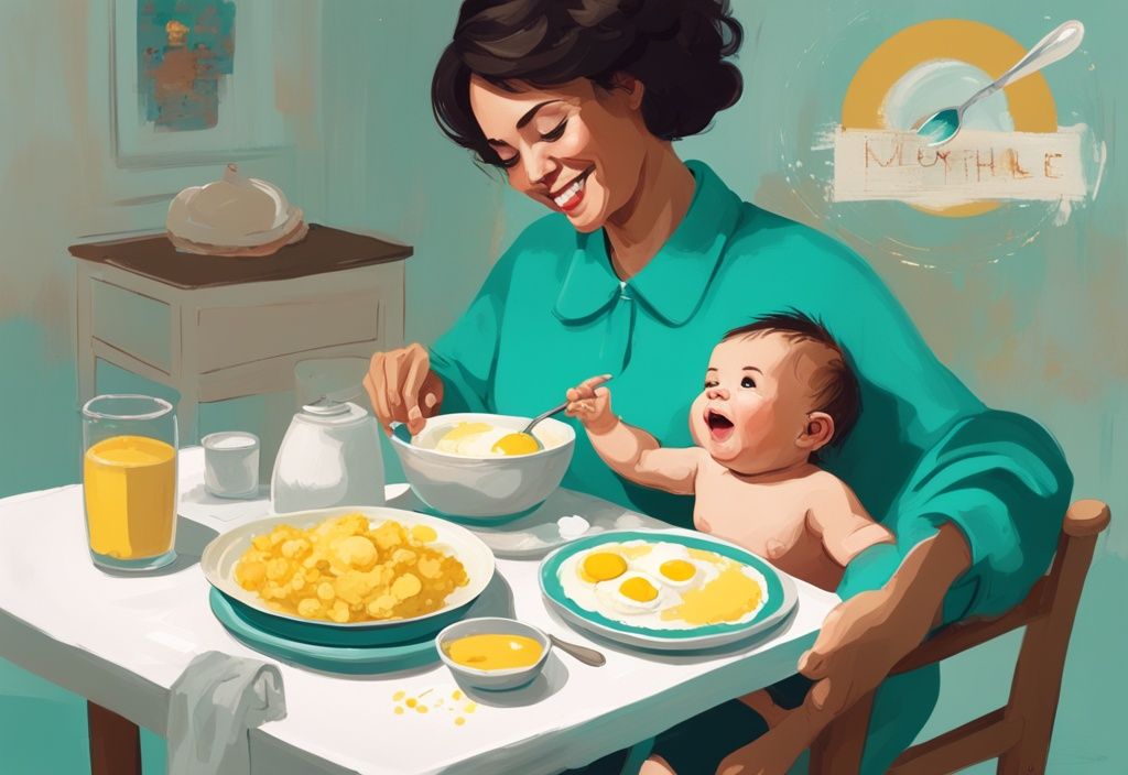 Moderne digitale Illustration in Türkis: Baby im Hochstuhl mit Frühstücksteller aus matschigen Rühreiern, Mutter bietet einen Löffel an, visuelle Zeitleiste zeigt verschiedene Altersstufen und geeignete Essensphasen - ab wann darf mein Baby Ei essen.