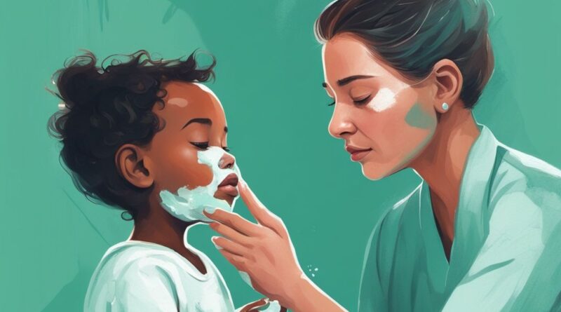 Teal-farbenes digitales Gemälde einer modernen Illustration: Ein Baby mit Akne wird von einer Person, möglicherweise einem Arzt oder Elternteil, getröstet und mit einem sanften Hautpflegeprodukt behandelt. Baby Akne was tun?