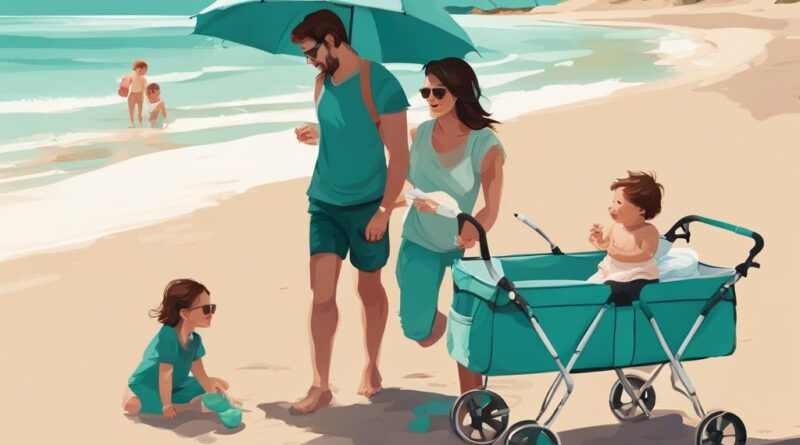 Familie am ruhigen Sandstrand mit Babyutensilien wie Reisebett, Baby-Pflege-Rucksack und Sonnenschirm – wohin in den Urlaub mit meinem Baby