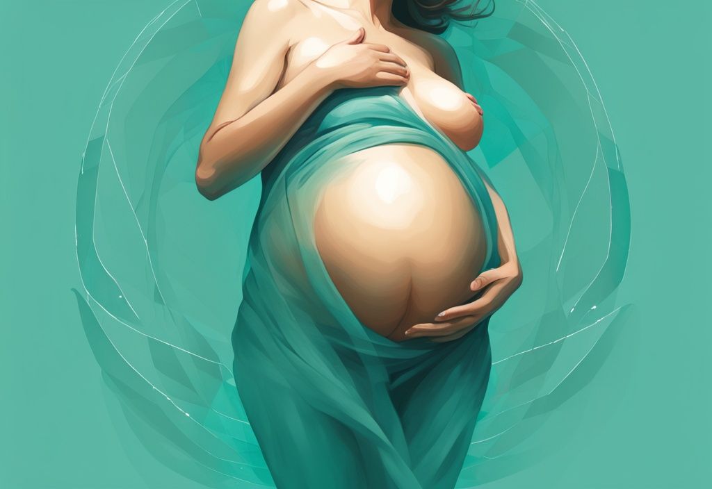 Moderne digitale Illustration einer schwangeren Frau mit transparentem Blick auf den Mutterleib, zeigt wie liegt das Baby im Bauch, Hauptfarbe Teal.