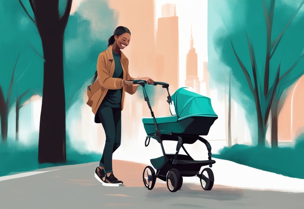 Moderne digitale Illustration mit Hauptfarbthema Türkis: Ein Baby in einem modernen Kinderwagen wird von einem stilvollen, lächelnden Elternteil in einem städtischen Park geschoben.