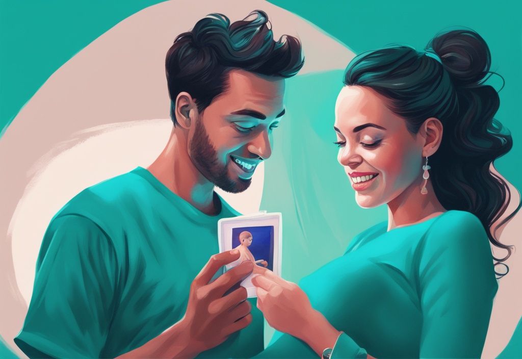 Ein neugieriges Paar hält ein 3D-Ultraschallbild und vergleicht freudig ihre Gesichtszüge mit denen ihres ungeborenen Babys; moderne digitale Malerei in Teal-Tönen.