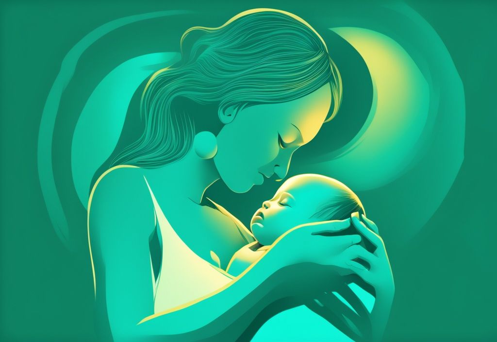 Moderne digitale Illustration einer schwangeren Frau in Teal-Tönen, die sanft ihren Babybauch berührt, mit Piktogramm-Schallwellen, die auf die Wahrnehmung von Klang hinweisen.